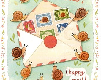 Snail Postcard –Snails on Envelope with “Hello!” Happy mail & Postcrossing Enthusiasts