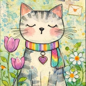 May include: A watercolor illustration of a gray tabby cat wearing a rainbow-striped scarf and a heart-shaped pendant. The cat is surrounded by purple tulips, white daisies, butterflies, and three envelopes with heart symbols on a speckled background.
