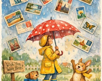 Semana Nacional de Postales 2026 - Lluvia, Ilustración de Paraguas, Arte Postal Caprichoso en Acuarela, Regalo de Postcrossing, Perro,