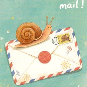 May include: An illustrated image of a snail on top of an envelope. The envelope has red, white, and blue stripes and a red wax seal. The text on the image says "happy mail!" and "hello!"