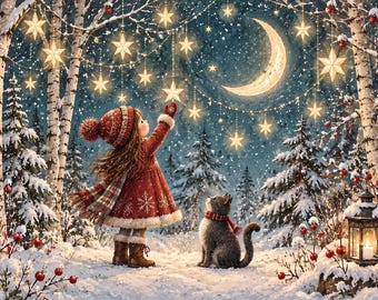 May include: A child in a red winter coat, hat, and boots reaches toward glowing star-shaped lights hanging in a snowy birch forest. A gray cat with a red scarf sits nearby, and a crescent moon shines above. A lit lantern rests on the snow.