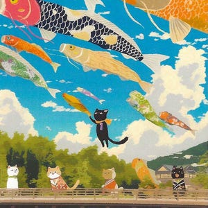 Postal de gatos y peces koi: Arte caprichoso para amigos por correspondencia