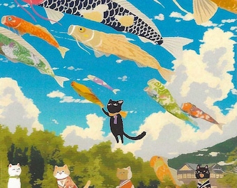 Cats and Koi Fish Postcard: Whimsical Art for Pen Pals