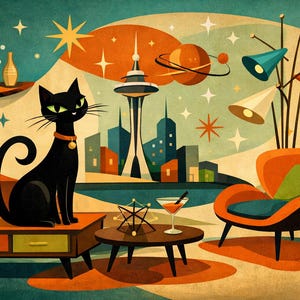 Op de afbeelding: Een retro-illustratie met een zwarte kat met groene ogen, een stadsgezicht en meubels uit het midden van de eeuw. Het kunstwerk bevat een cocktail, een lamp en een gestileerde planeet. Het kleurenpalet omvat teal, oranje en crème.