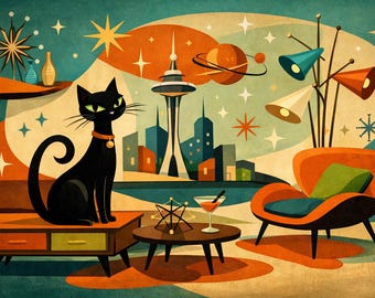 Retro Atomic Cat Postcard - Whimsical Illustration Cat Lover 1950s Era