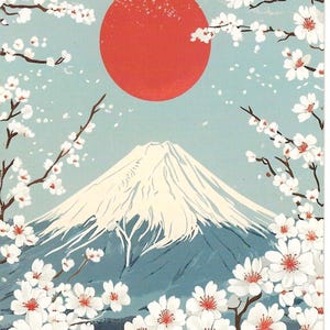 Op de afbeelding: Een Japanse prent met de berg Fuji met een besneeuwde top, een rode zon en kersenbloesems. De witte bloesems met rode centra steken af tegen een lichtblauwe lucht.