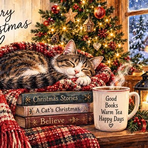 May include: A tabby cat sleeps on a stack of books titled Christmas Stories, A Cat's Christmas, and Believe, wrapped in a red plaid blanket. A mug reads Good Books Warm Tea Happy Days, next to a lantern and a lit Christmas tree by a snowy window.