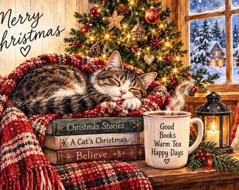 May include: A tabby cat sleeps on a stack of books titled Christmas Stories, A Cat's Christmas, and Believe, wrapped in a red plaid blanket. A mug reads Good Books Warm Tea Happy Days, next to a lantern and a lit Christmas tree by a snowy window.