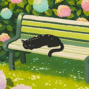 Postal de jardín de gato negro - Hortensias pastel Correo postal Postcrossing Amante de los gatos