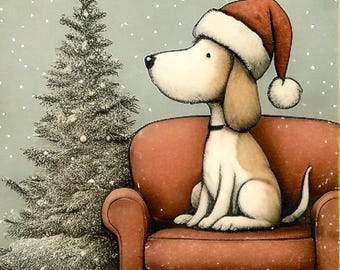居心地の良いクリスマス犬のポストカード – 4x6インチ 冬のホリデーカード 犬好き向け