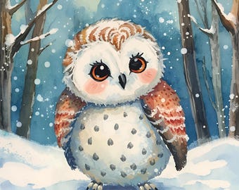 Postal de búho nival - Arte de aves invernales en acuarela