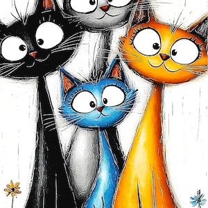 Färgglad kattkonstvykort - Nyckfull kattillustration kattälskare