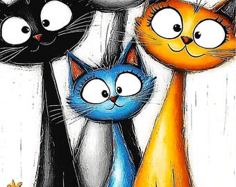 Colorful Cats Art Postcard - Whimsical Feline Illustration Cat Lover