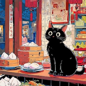 Puede incluir: Un gato negro sentado sobre un mostrador de madera en un restaurante con farolillos rojos colgando arriba. La escena incluye vaporeras de bambú con bollos blancos al vapor, platos pequeños de comida y carteles con caracteres asiáticos.