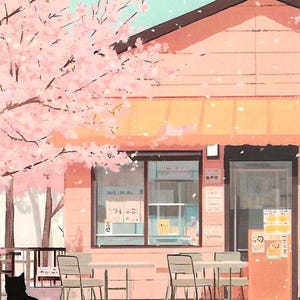 Puede incluir: Una ilustración de una pequeña tienda con exterior color melocotón, un ventanal y una puerta de cristal. Fuera hay dos mesas con sillas, un cerezo en flor con pétalos rosas y un gato negro sentado en el primer plano de la imagen.