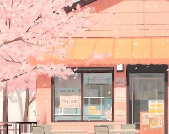 Postkaart kat kersenbloesem: Japanse cafékunst