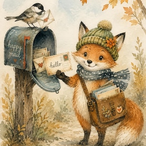 Peut inclure: Une illustration à l'aquarelle d'un renard portant un bonnet en tricot vert et une écharpe bleue à pois, tenant une enveloppe marquée hello. Un oiseau est posé sur une boîte aux lettres bleue marquée happy mail contenant des enveloppes.