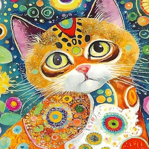 May include: A vibrant, colorful painting of a cat with large, expressive eyes. The cat's fur is orange and patterned with intricate designs. The background is a mix of blue, green, and colorful floral elements, creating a whimsical and artistic composition.