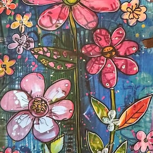 May include: A colorful floral painting with large pink flowers and green leaves against a blue background. The word "Kindness" is at the bottom. The artwork has a whimsical, hand-painted style.