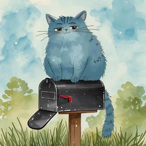May include: Watercolor illustration of a blue cat sitting on a black mailbox. The cat has a fluffy appearance and a relaxed expression. The mailbox is open, with a red flag. The background features a watercolor sky and green foliage.