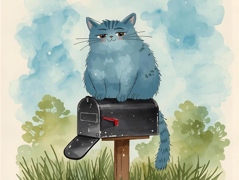K&ouml;nnte beinhalten: Eine Aquarellillustration einer flauschigen blauen Katze mit dunklen Streifen, die auf einem schwarzen Briefkasten sitzt. Der Briefkasten ist auf einem Holzpfosten montiert und hat eine kleine rote Fahne. Der Hintergrund zeigt blaue Wolken.