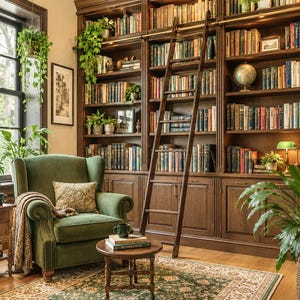 Peut inclure: Une grande bibliothèque murale en bois foncé avec des étagères intégrées remplies de livres, une échelle coulissante et des placards bas. Un fauteuil rembourré vert avec un coussin à motifs est placé devant les étagères près d'une petite table ronde.
