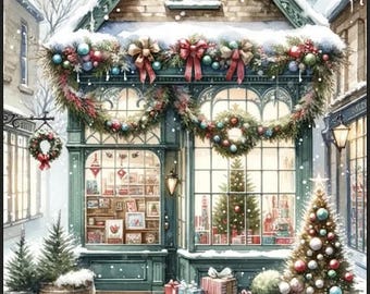 May include: A storefront with a dark green facade decorated with Christmas garlands, red bows, and ornaments. The windows display a Christmas tree and gifts. A larger Christmas tree with colorful ornaments and wrapped presents sits outside.