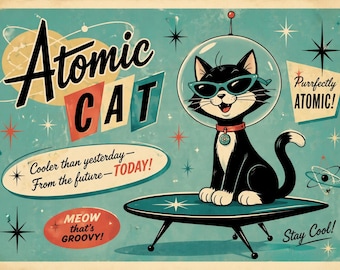レトロなアトミックキャットのポストカード - 気まぐれなイラスト 猫好き 1950年代
