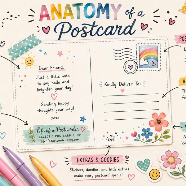 Anatomy of a Postcard - Snail Mail Art, Postcrossing Gift,  Pen Pal Stationery, Happy Mail, Keepsake