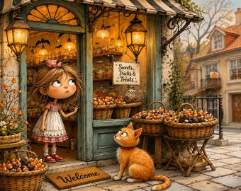 Cartolina autunnale stravagante - Cottagecore Gatto Mercato autunnale Libro di fiabe Posta accogliente