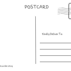 May include: A white postcard template with black line art. The top center reads POSTCARD. The top right features a stamp box with wavy lines. The right side includes the text Kindly Deliver To: above four horizontal lines for an address.