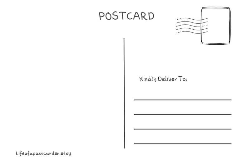 May include: A white postcard template with black line art. The top center reads POSTCARD. The top right features a stamp box with wavy lines. The right side includes the text Kindly Deliver To: above four horizontal lines for an address.