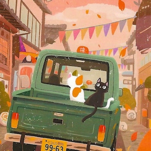Cats in Truck Postcard: Cozy Japanese Street Art Christmas gift holiday
