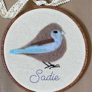 Personalized Felted Bluebird Nursery Wall Art with Embroidered Name – Handmade Needle Felt Embroidery Hoop – Heirloom Baby Room Décor