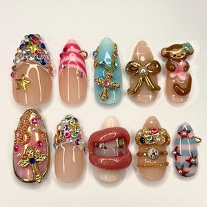 Handmade Press On Nails: Funky Girl Charms, Rhinestones, Bows, Monkey hipper nail
