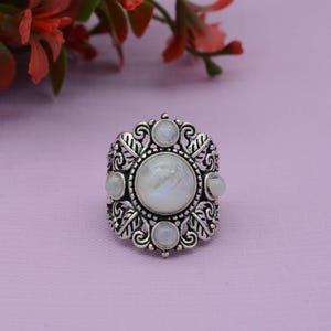 Bold Moonstone Statement Ring in Silver Finish | Ornate Boho Ring with 6 Stones | Handmade Spiritual Jewelry | Gothic Gift for Her