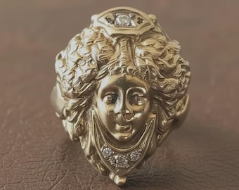 Bague visage de femme vintage, bague tête de déesse de style antique, bague tendance bohème, bijoux sculpture art rétro, bague visage unique en laiton/argent,