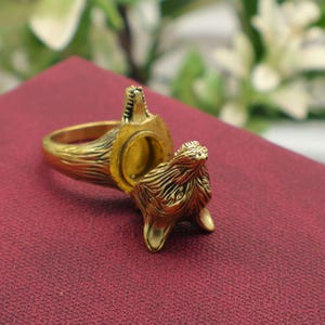 May include: A gold-coloured ring with a detailed lion design. The ring features a lion's head and mane, with the lion's mouth open. The ring is set against a red background.