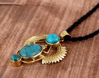 Gold Winged Scarab Necklace, Turquoise Stones, Boho Amulet,