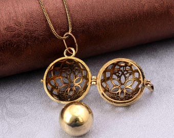 Gold Harmony Ball Necklace • Filigree Locket Pendant, Pregnancy Bola,