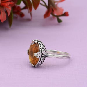 Ornate Oval Amber Ring in Silver Finish | Vintage-Inspired Orange Gemstone Ring | Handmade Boho Statement Ring | Gift for Her