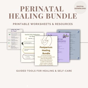 Może przedstawiać: Cyfrowy pakiet do pobrania zatytułowany "Perinatal Healing Bundle" z drukowanymi arkuszami roboczymi i zasobami. Pakiet zawiera arkusze robocze do samoopieki, delikatnej codziennej refleksji i podpowiedzi do dziennika. Okładka zawiera ilustrację matki i dziecka.