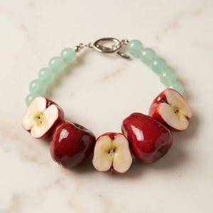 Polymer Clay Hand-sculpted Apple Bracelet – Red Fruit Jewellery with Green Beads – Playful Statement Piece