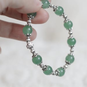 Green Jade Rosary Bracelet, size 15 cm, Silver Plated Charms, Spacers and Bead-caps, Natural Stone beads