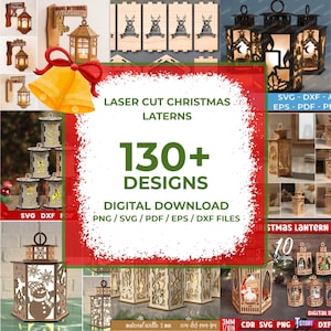 Puede incluir: Colección de faroles navideños cortados con láser con varios diseños. La imagen presenta faroles con motivos de copos de nieve y renos. El texto dice "LASER CUT CHRISTMAS LANTERNS" y "130+ DESIGNS". Archivos de descarga digital disponibles.