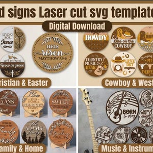 Paquete SVG de letreros redondos cortados con láser, plantilla para colgar en la puerta en 3D