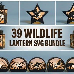 Puede incluir: Una colección de faroles y recortes en forma de estrella con temática de vida silvestre. Los faroles presentan siluetas de animales como lobos y osos. Los recortes de estrellas representan un águila, un oso y un ciervo. El texto dice "39 WILDLIFE LANTERN SVG BUNDLE."