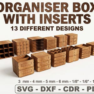 Può includere: Scatole organizer in legno con vari design di inserti. L'immagine mostra 13 diversi design, tra cui scatole con scomparti, cassetti e divisori. Il testo sull'immagine recita "ORGANISER BOX WITH INSERTS" e "13 DIFFERENT DESIGNS".