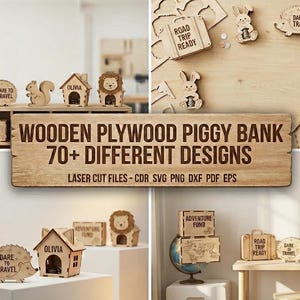 Personalized Wooden Plywood Piggy Bank Laser Cut Money Box Coin Saving SVG
