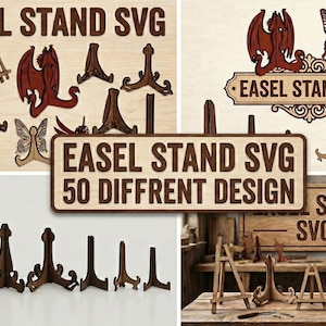 以下が含まれることがあります： ドラゴンや蝶のモチーフなど、さまざまなデザインの木製イーゼルスタンドのコレクション。画像には「EASEL STAND SVG」と「50 DIFFERENT DESIGNS」の文字が表示されています。スタンドは茶色で、アートプロジェクトに適しています。